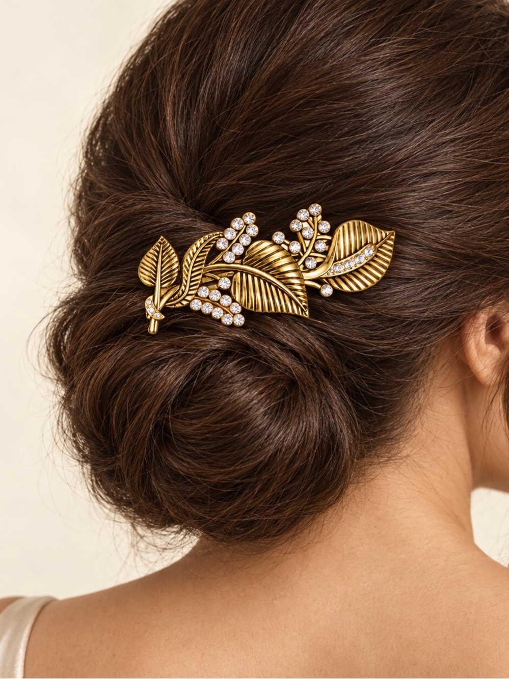 Vintage Gold Leaf & Crystal Botanical Hair Clip Barrette